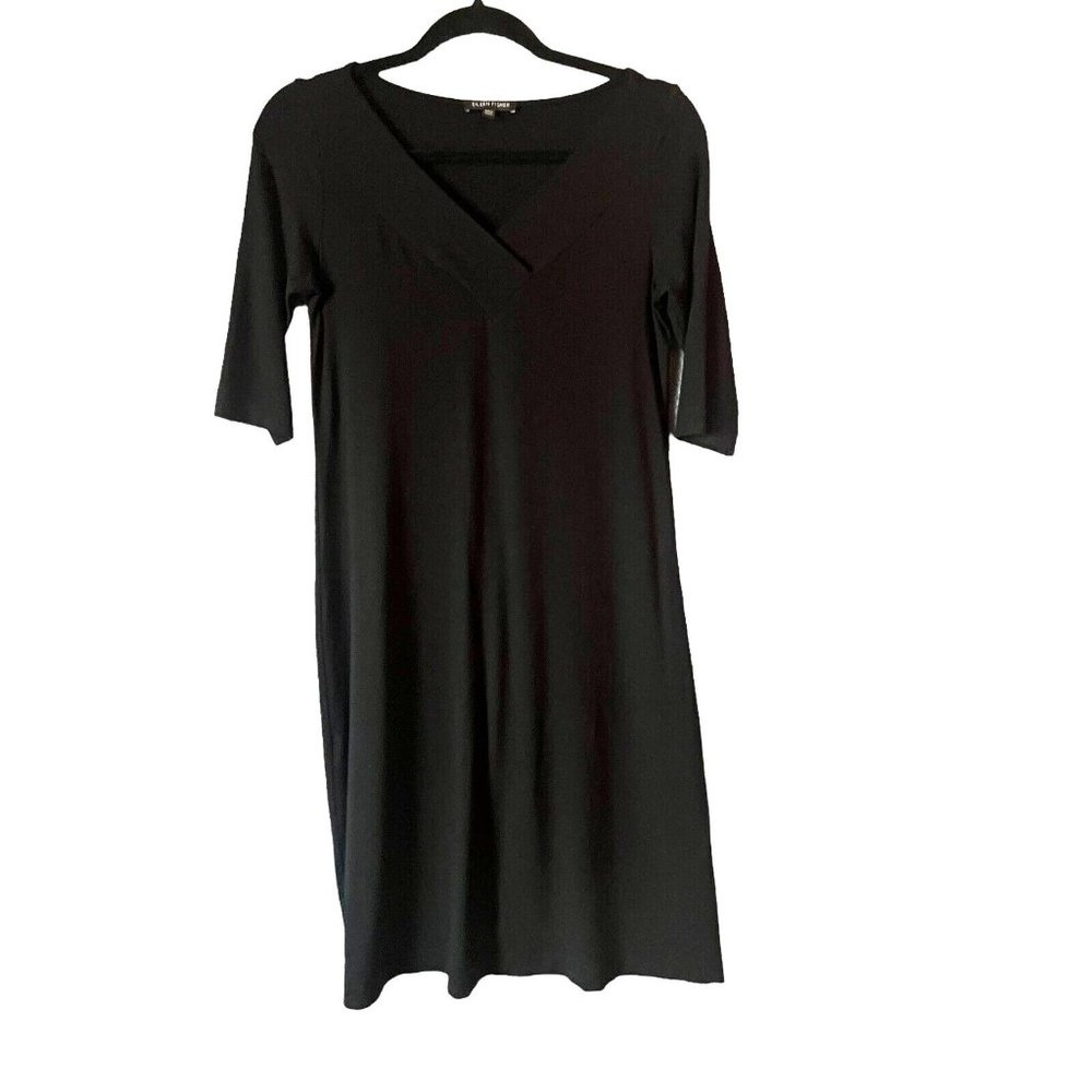 Eileen Fisher V-Neck Jersey Knit Midi Shift Dress Classic Solid Black Size XS